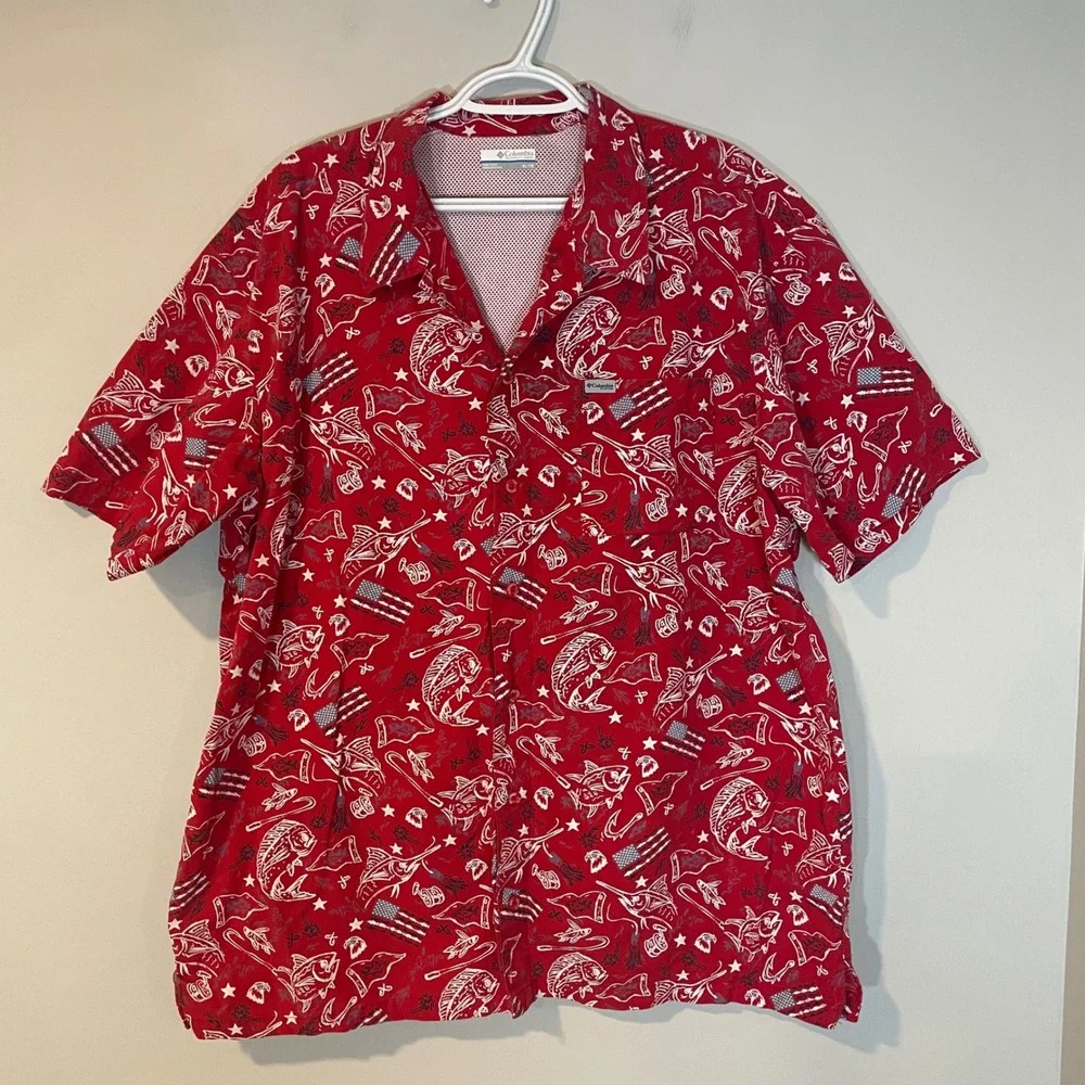 Columbia PFG‎ Mens XL Red Fishing Shirt Short Sleeve Marlin Flag Patriotic FLAW